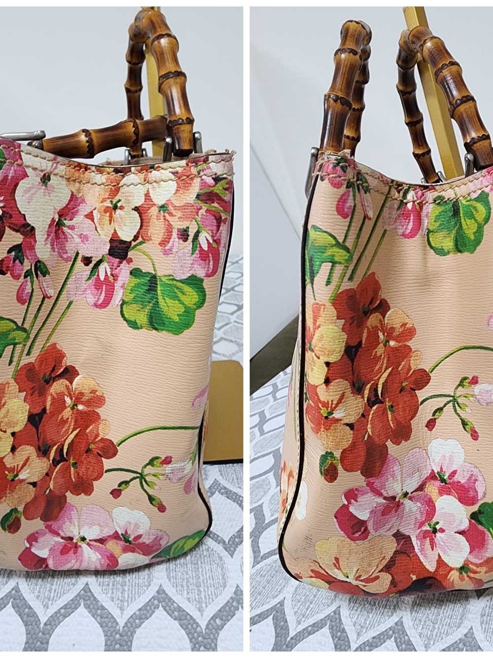 GUCCI Shangai Calfskin Blooms Print Medium Bamboo Shopper Tote Pink/Multicolor - Picture 6 of 14